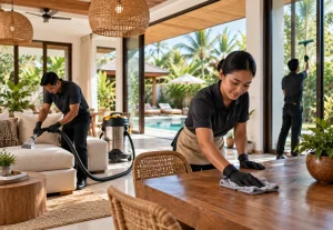 Professional cleaning team deep cleaning a tropical villa in Bali.