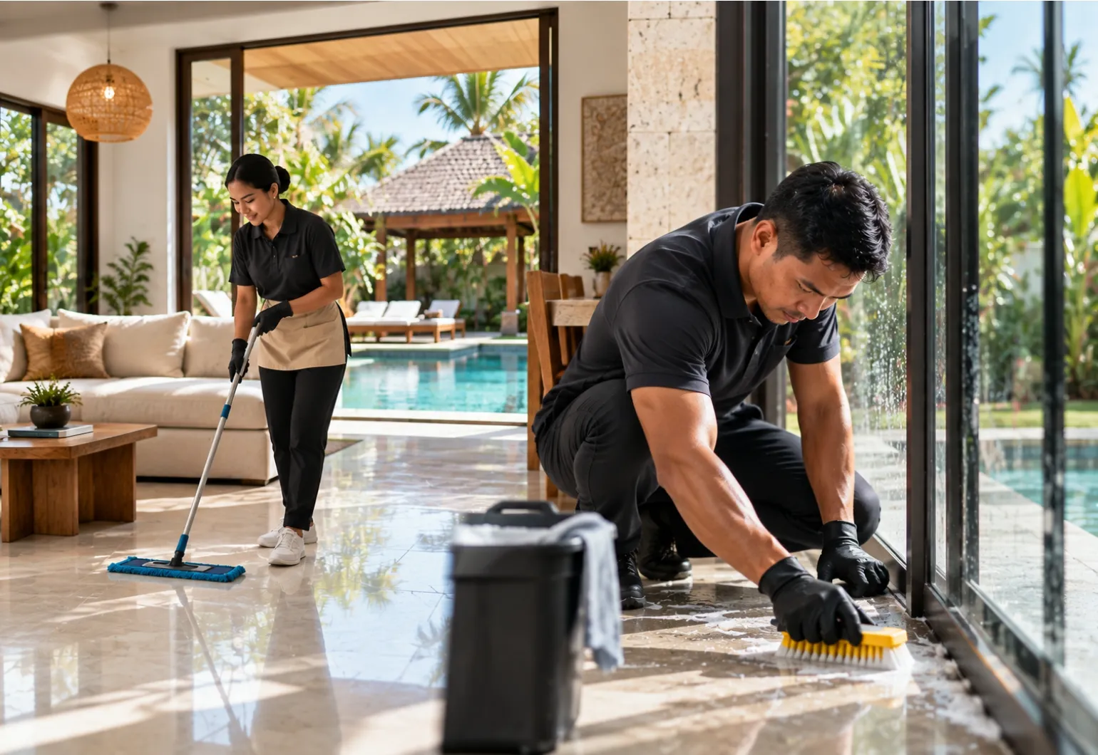Cleaner performing regular and deep cleaning in a Bali villa
