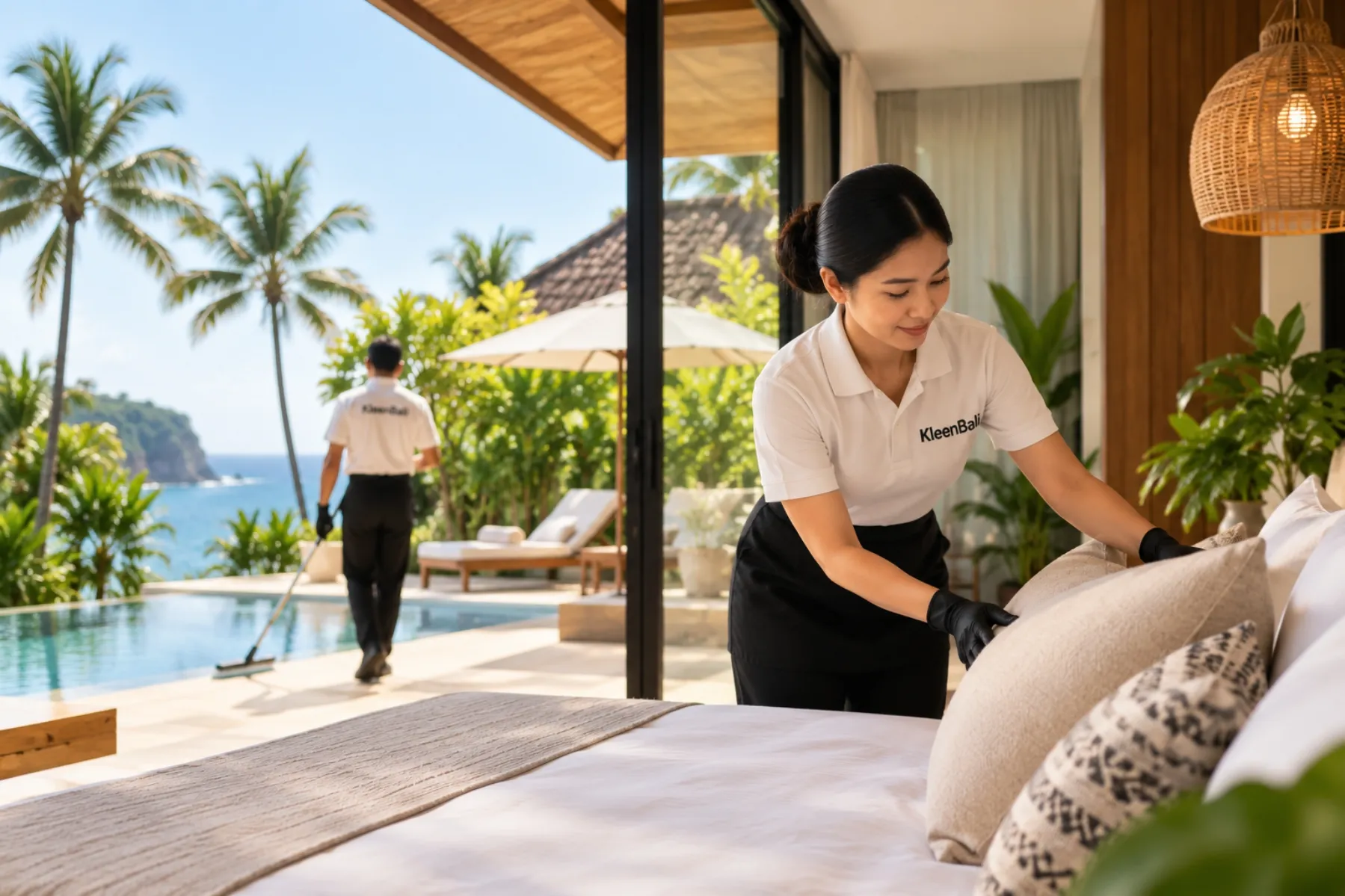 Professional villa cleaning and bed preparation service in Bali